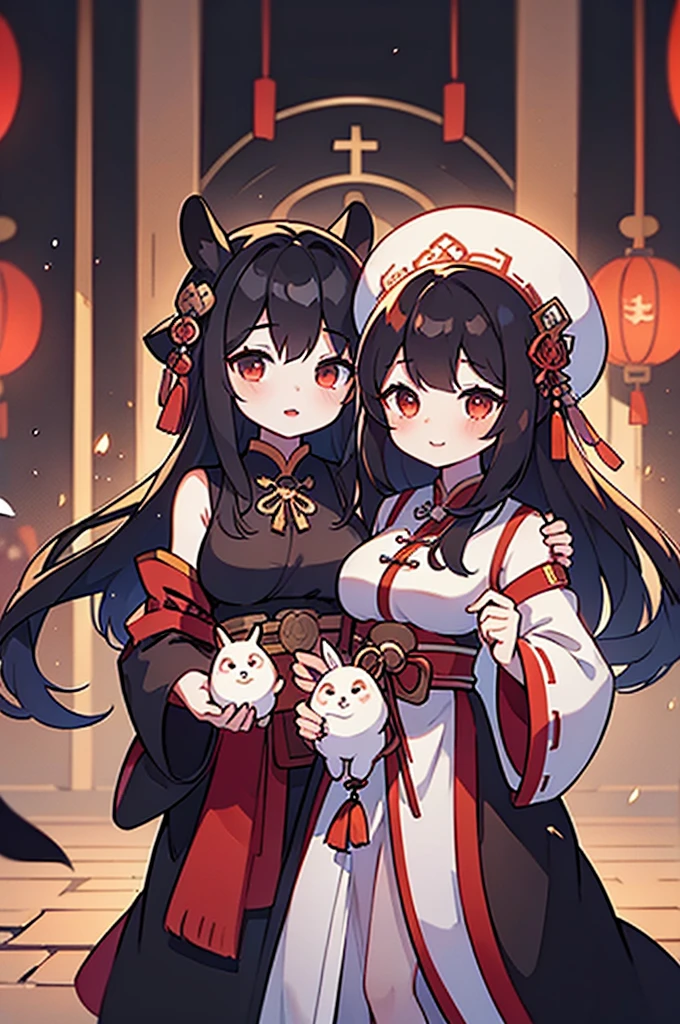 Two beautiful girls, holding a rabbit, white_skin, black-hair, very long hair, Good figure, 
Wear the light color traditional dress of the Han Chinese people, 
Background is Lantern Festival, many lantern,red light.