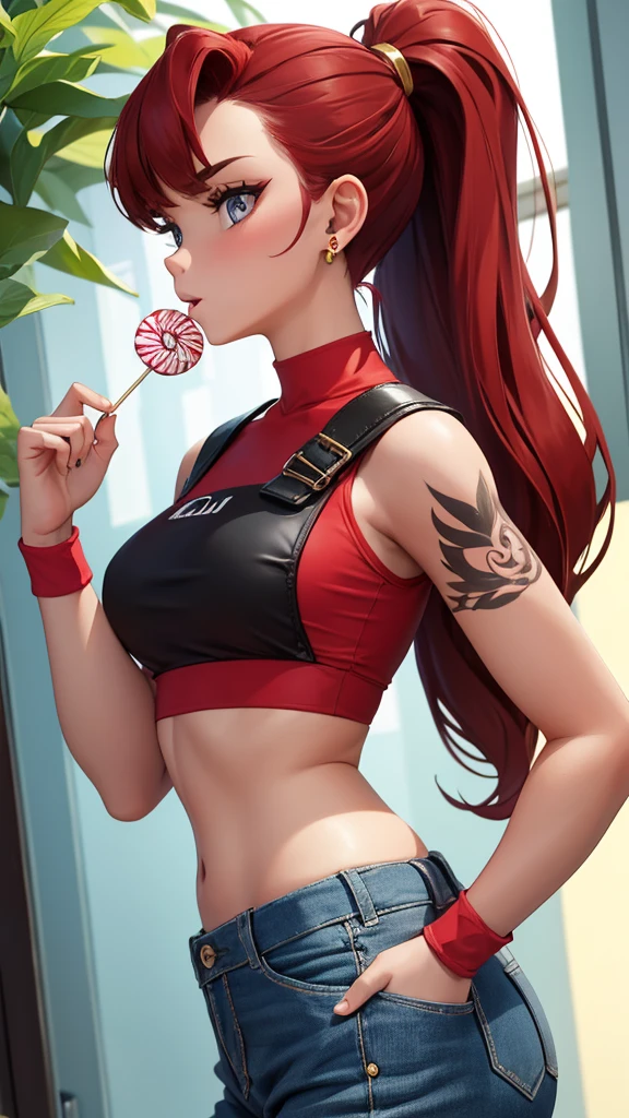 Girl named (Lan), 18 years old, high ponytail, red hair, wearing brown sunglasses, wearing a crop top, wearing earring gold, (tattoos), ((eat candy)), ((portrait)), 8K