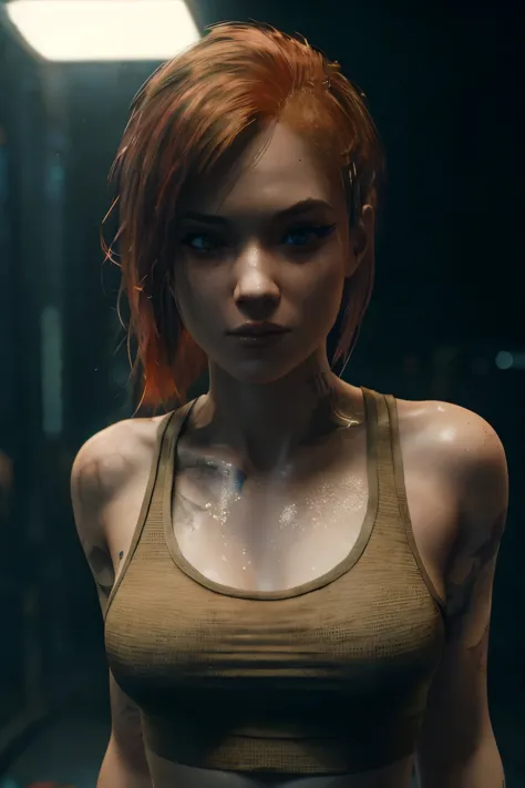 a woman with red hair and a tank top standing in a room, cinematic body shot, cinematic bust shot, detailed cinematic rendering,...