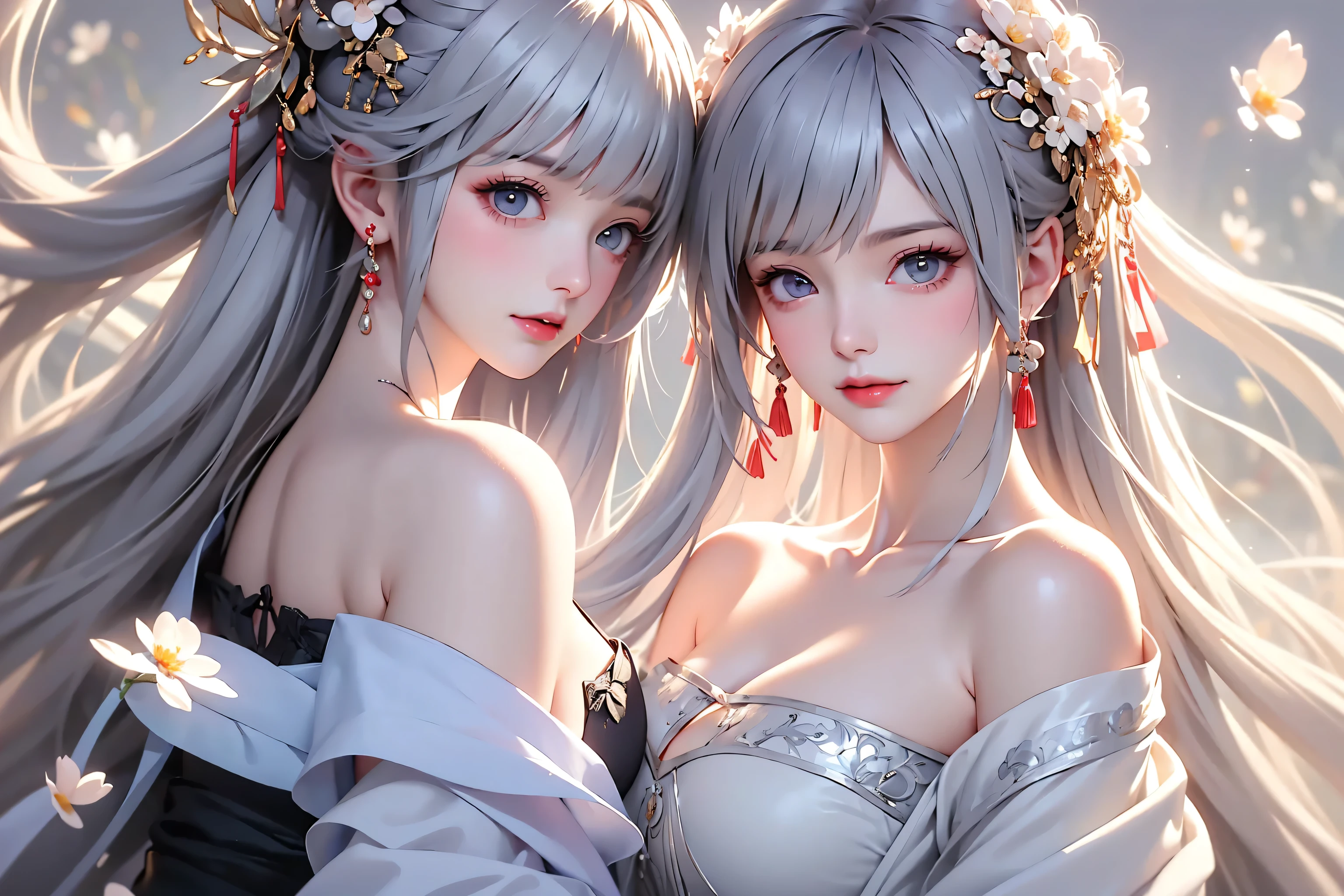 super high quality, masterpiece, Perfect illustration, Very detailed (Exquisite light and shadow, Very dramatic photo,Backlight) , ((Gray Hair:1.5))1 girl, alone, (Wearing Han clothes, Royalty、Black and white Hanfu,Monotony,Long sleeve) Flower Field, Flowers, (White smoke:1.3) (Realistic:1.4), Zen Intertwining, Tangled, Official Art, unity 8k wallpaper, Very detailed, Beautiful and beautiful, masterpiece, highest quality, (Dynamic Angle: 1.4), Glowing Skin, (Floating colorful flashes: 1) The most beautiful chaotic shapes, elegant, Brutalist Design, Bright colors, Romantic Depth of Field Exotic_dance, half_naked、((Off the shoulder、Expose your shoulders、small bautiful breasts、Great cleavage))
