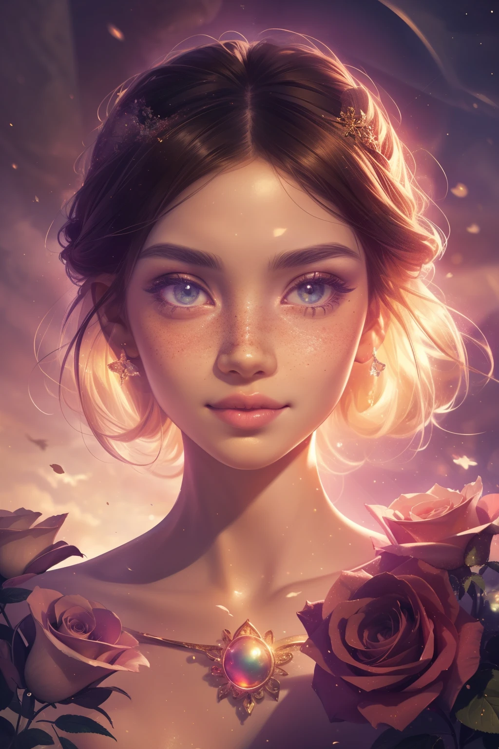 (This is a beautiful, intricate, (romatic) fantasy image that emphasizes beauty and grace.) Generate a blind curvy woman with soft natural freckles. Her face is important and should be (perfectly formed) with (beautiful puffy lips) and (perfect features). There is a cute freckle birthmark on her lip. The image exudes ethereal beauty and soft fantasy, with shimmering shades of pink throughout. Surround her with eternal roses in shimmering shades. Ensure perfection in her face, hair, and eyes. Include sweet and detailed birds and soft, luminous flowers and detailed roses. Utilize dynamic composition and dramatic lighting and cinematic lighting to create an interesting fantasy image. The background of the image is interesting and ultra-detailed, with soft fantasy lighting and gradients. Include fantasy details, cute aura, colorful, colourful, and interesting magical background. The image's background is decorated in shades of pink, shimmer, glitter, and fantasy details like colored bubbles and cosmos. Include subtle freckles, natural freckles and a diffused realistic skin tone. Incorporate elements of high fantasy, whimsy, and detailed elegance. English rose, princess, courtesan, noblewoman, sweet, lovely, calm, lovely, shimmering, glimmering, glittering, astrological fantasy, (((masterpiece))), (highest quality), magic rose, fantasy garden, beautiful face, perfect face, puffy lips, interesting, shy smile, fantasy elements, magic rose, beautiful eyes, perfect puffy lips, jewel tones, luminosity. Taken with a canon camera.