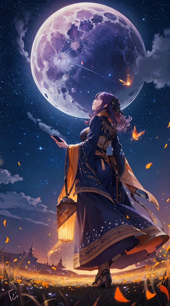 Vast landscape photography, (View from below, The sky is above、This field is:), Woman standing in a flower garden and looking up, Big Breasts，full moon，Starry Sky，(warm Light: 1.2), (fire Fly: 1.2), Light, Lots of purple and orange, Intricate details,  (highest quality), 4K, Very detailed, (mobile composition: 1.4), Very detailed,