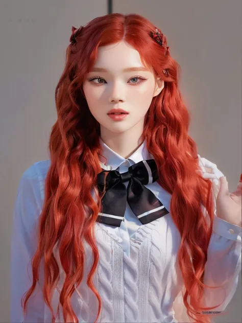 a close up of a woman with long red hair wearing a bow tie, with curly red hair, with long red hair, portrait of jossi of blackp...