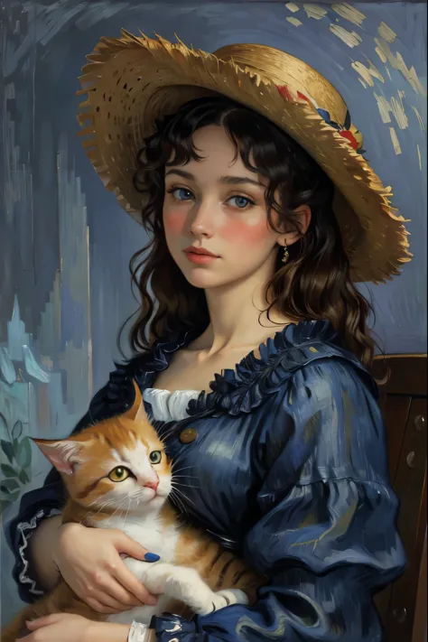 beautiful woman, oil painting, girl with big hat, vestido vermelho, holding kitten, van gogh style, renoir style, detailed face,...