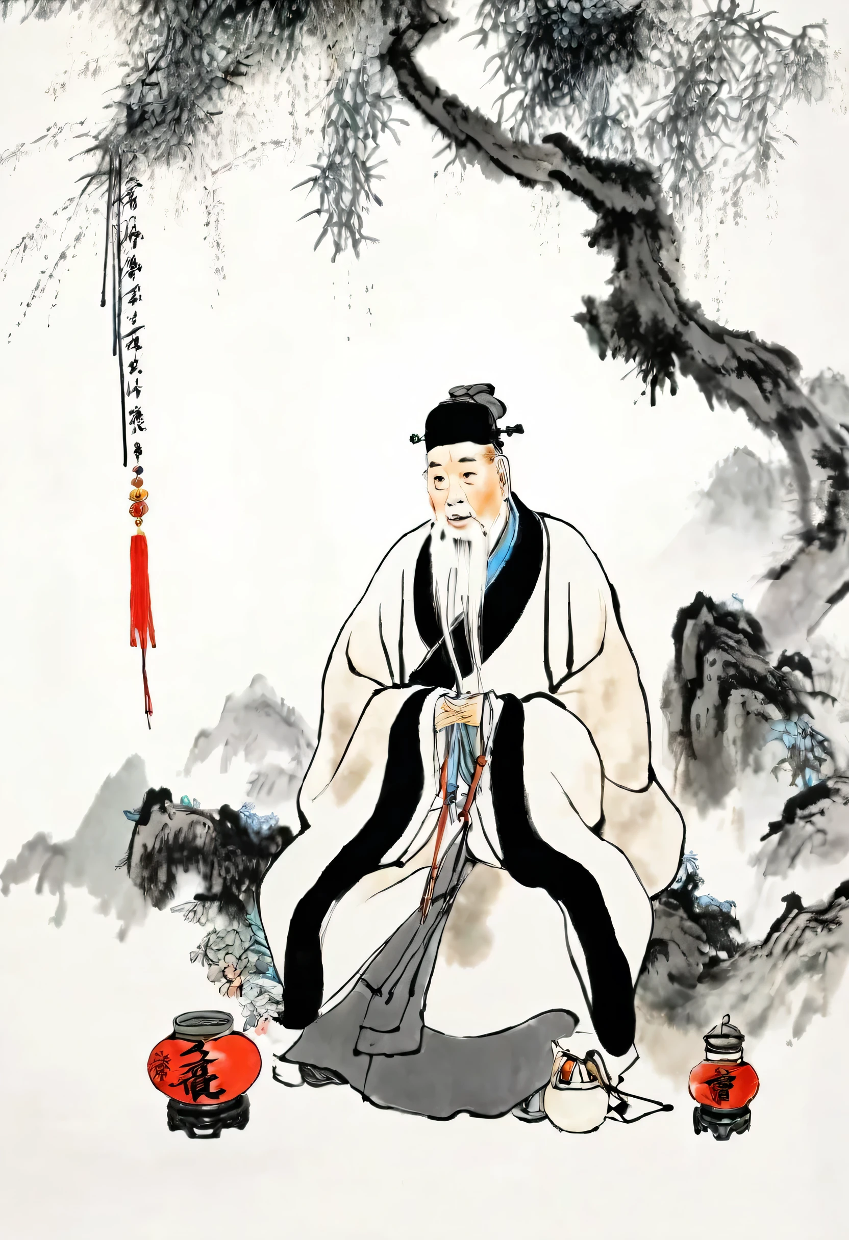 A close up of a painting of a man sitting on a rock - SeaArt AI