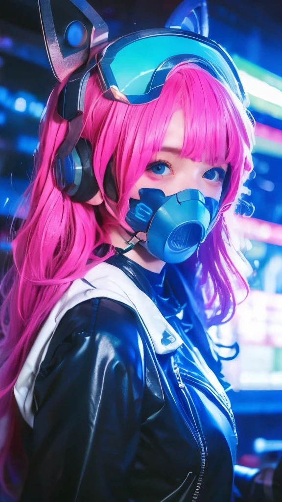 (Good structure),High Dynamic Range,Ultra HD,8K,1 girl,Cyberpunk protective clothing,Cyberpunk gas mask,Cyberpunk protective helmet,A luminescent helmet,Neon,Neon Colors,face camera,close up,night,Masking screen reflections,luminescent,Jacket,Upper Body,Cyberpunk,Colorful clothes,Practical,Solitary,zipper