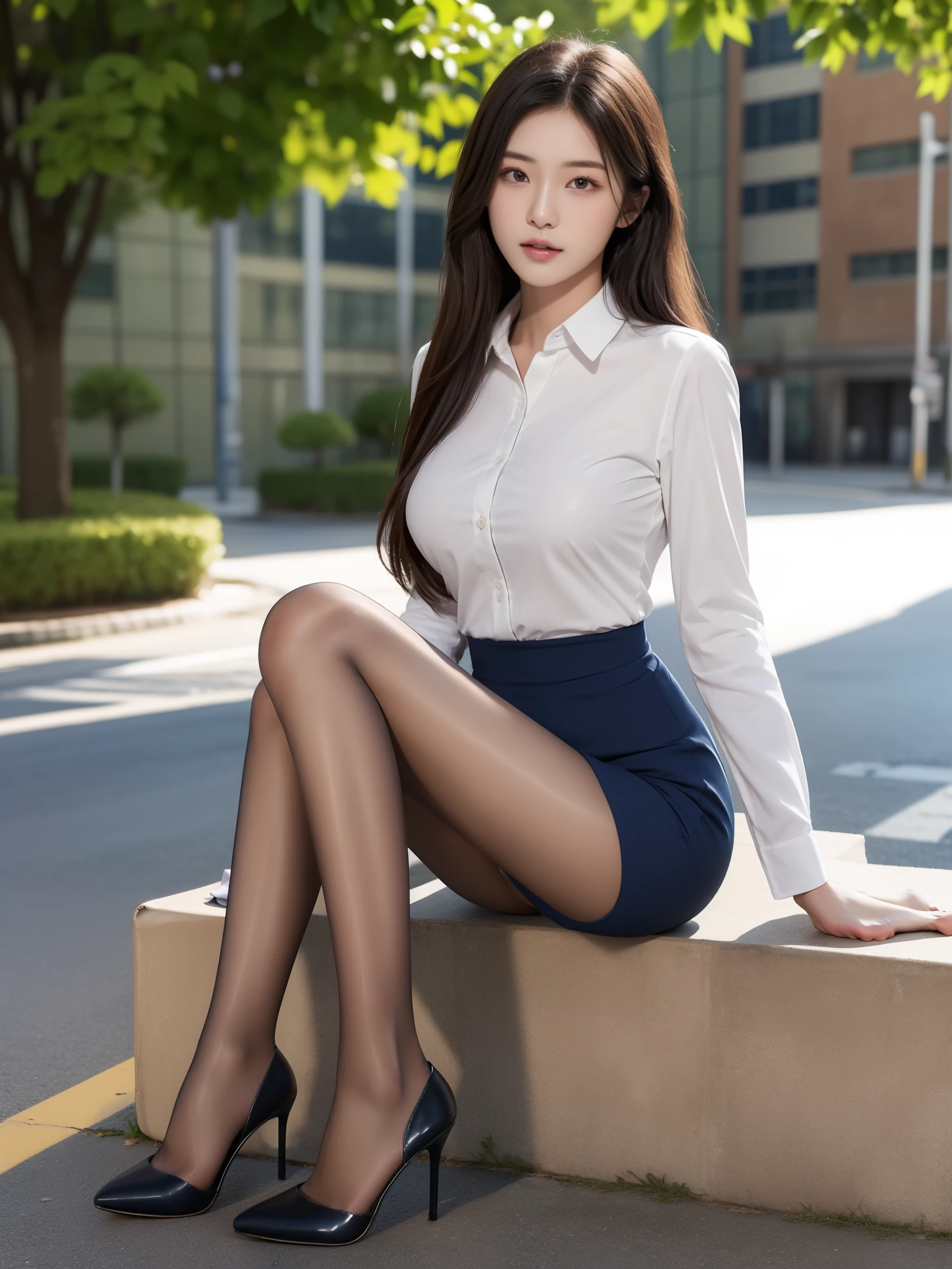 Best quality, full body portrait, delicate face, pretty face, 16 year old woman, slim figure, large bust, OL uniform, office clothes, navy blue stockings, no shoes, outdoor scene, sitting position, 1girl, shirt_lift,bag,background,high-end high heels
