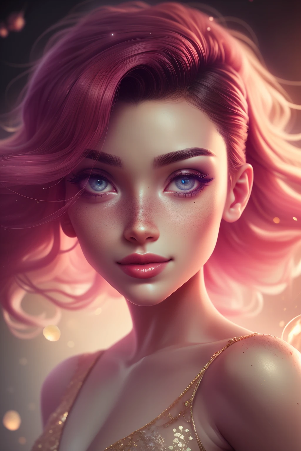 (This is a beautiful, intricate, (romatic) fantasy image that emphasizes beauty and grace.) Generate a blind curvy woman with soft natural freckles. Her face is important and should be (perfectly formed) with (beautiful puffy lips) and (perfect features). There is a cute freckle birthmark on her lip. The image exudes ethereal beauty and soft fantasy, with shimmering shades of pink throughout. Surround her with eternal roses in shimmering shades. Ensure perfection in her face, hair, and eyes. Include sweet and detailed birds and soft, luminous flowers and detailed roses. Utilize dynamic composition and dramatic lighting and cinematic lighting to create an interesting fantasy image. The background of the image is interesting and ultra-detailed, with soft fantasy lighting and gradients. Include fantasy details, cute aura, colorful, colourful, and interesting magical background. The image's background is decorated in shades of pink, shimmer, glitter, and fantasy details like colored bubbles and cosmos. Include subtle freckles, natural freckles and a diffused realistic skin tone. Incorporate elements of high fantasy, whimsy, and detailed elegance. English rose, princess, courtesan, noblewoman, sweet, lovely, calm, lovely, shimmering, glimmering, glittering, astrological fantasy, (((masterpiece))), (highest quality), magic rose, fantasy garden, beautiful face, perfect face, puffy lips, interesting, shy smile, fantasy elements, magic rose, beautiful eyes, perfect puffy lips, jewel tones, luminosity. Taken with a canon camera.