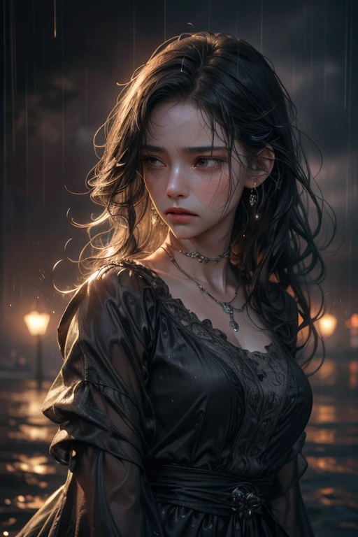 A (girl walking in the rain), beautiful intricate detailed face, elegant long dress, (sorrowful expression:1.3),  moody dramatic lighting, (realistic, photorealistic, photo-realistic:1.37), (best quality, 4k, 8k, high resolution, masterpiece:1.2), ultra-detailed, muted color palette, melancholic and emotional, dramatic stormy background, (black hair, water droplets:1.1)