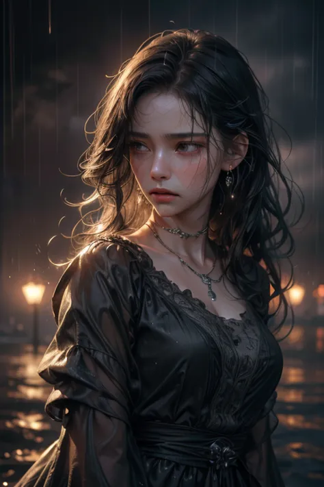 A (girl walking in the rain), beautiful intricate detailed face, elegant long dress, (sorrowful expression:1.3),  moody dramatic...