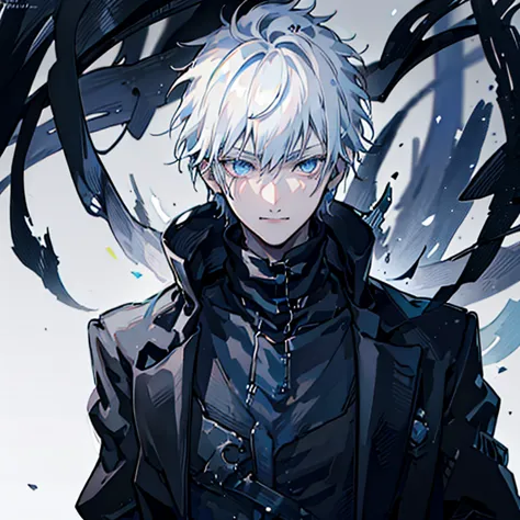 a teenager male with spiky black hair with white streaks and bangs, glowing blue eyes like gojo, pale skin, wearing a black jack...