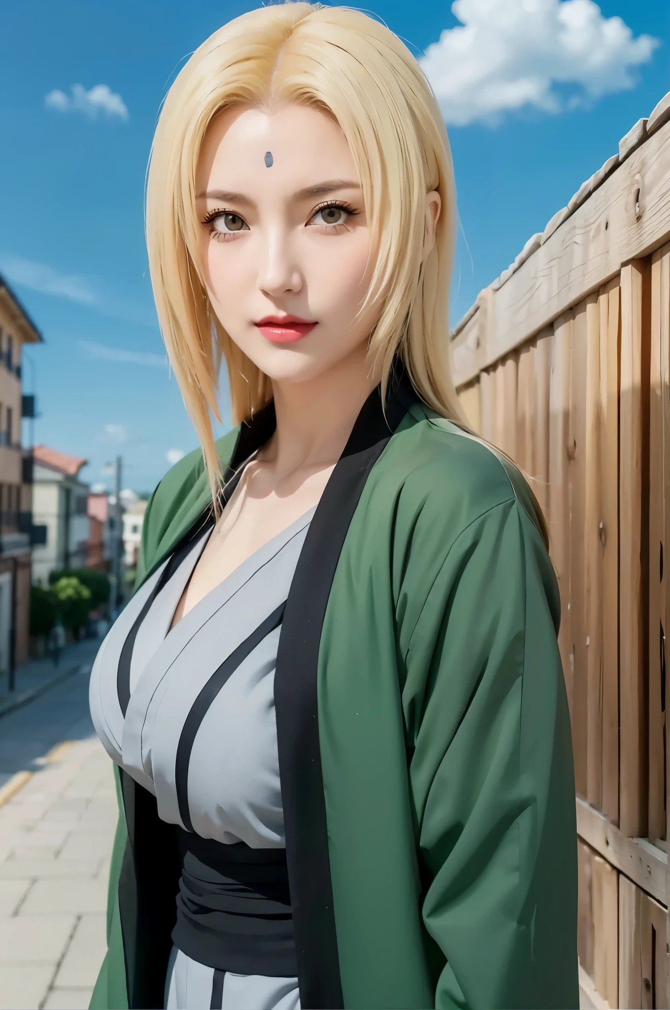 (female,anime,Anime Shippuden,tsunade:1.1),(long hair,yellow hair),(yellow eyes,beautiful detailed eyes,realistic eyes:1.1),(smile,beautiful detailed smile:1.1),(green clothes,realistic clothes),(city background,urban scenery),(ultra detail,extremely detailed:1.2),(realistic,photorealistic:1.37),(red lips,vivid red lips)Best Quality, Masterpiece, Ultra High Resolution, (Realistic: 1.4), Tsunade in the anime naruto ,Original Photo, Side Light, Delicate Beautiful Eyes: 1.2, Masterpiece* Portrait, Realism, 1 Girl, Highly Detailed, perfect, realistic photo, realistic anime, realistic style, perfect character, realistic girl, super premium quality, HD photos, anime and realistic, characteristics of long hair, long parted bangs due to model M, has a small black mark on the forehead, beautiful elegant face, big breasts, wearing a Japanese kimano, quality detail, realism
