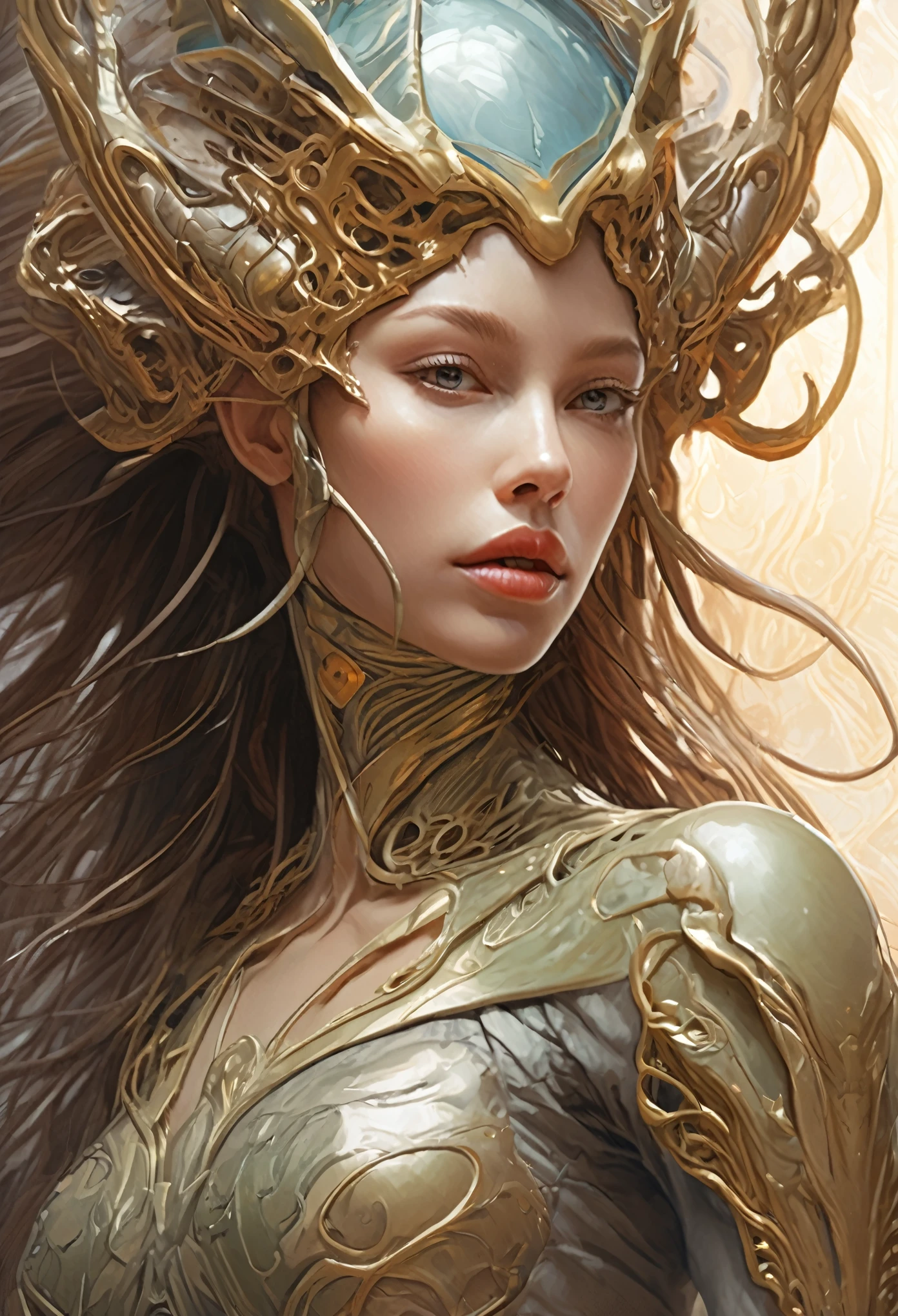 ((beste Qualität, Meisterwerk:1,1), Fantastischer Blick auf humanoide Außerirdische , Hyperrealistisch, insanely detailed This Meisterwerk of digital art can be compared with the wonderful works of Artgerm., Greg Rutkowski, und Alphonse Mucha