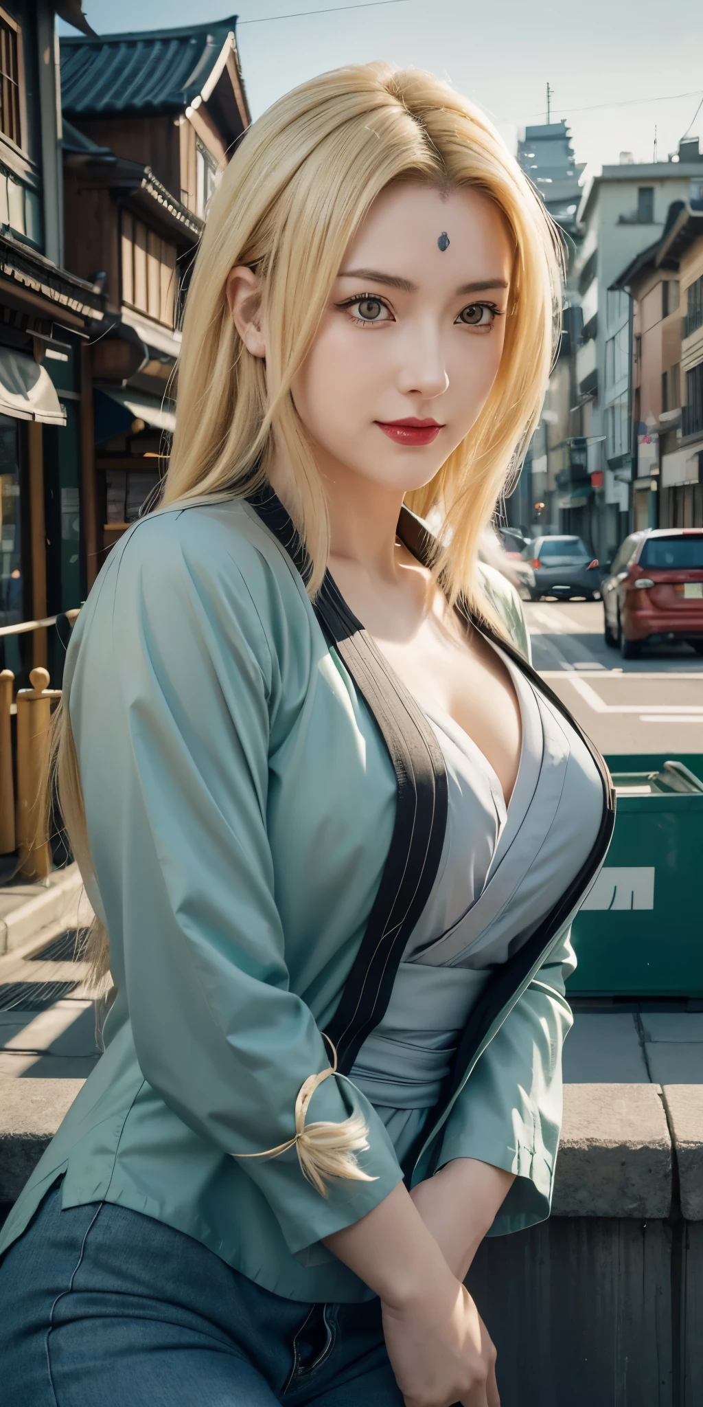 (female,anime,Anime Shippuden,tsunade:1.1),(long hair,yellow hair),(yellow eyes,beautiful detailed eyes,realistic eyes:1.1),(smile,beautiful detailed smile:1.1),(green clothes,realistic clothes),(city background,urban scenery),(ultra detail,extremely detailed:1.2),(realistic,photorealistic:1.37),(red lips,vivid red lips)Best Quality, Masterpiece, Ultra High Resolution, (Realistic: 1.4), Tsunade in the anime naruto ,Original Photo, Side Light, Delicate Beautiful Eyes: 1.2, Masterpiece* Portrait, Realism, 1 Girl, Highly Detailed, perfect, realistic photo, realistic anime, realistic style, perfect character, realistic girl, super premium quality, HD photos, anime and realistic, characteristics of long hair, long parted bangs due to model M, has a small black mark on the forehead, beautiful elegant face, big breasts, wearing a Japanese kimano, quality detail, realism
