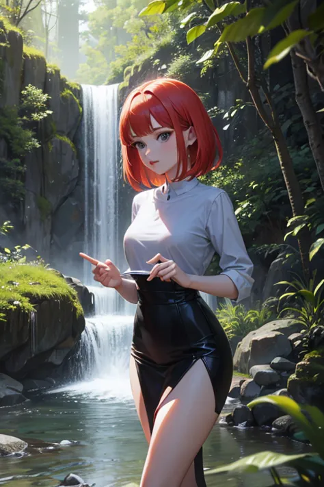 Pretty Young Redhead Woman Standing Surrounded by Streaming Waterfalls and Lush Ferns, elle rit joyeusement en humidifiant ses d...