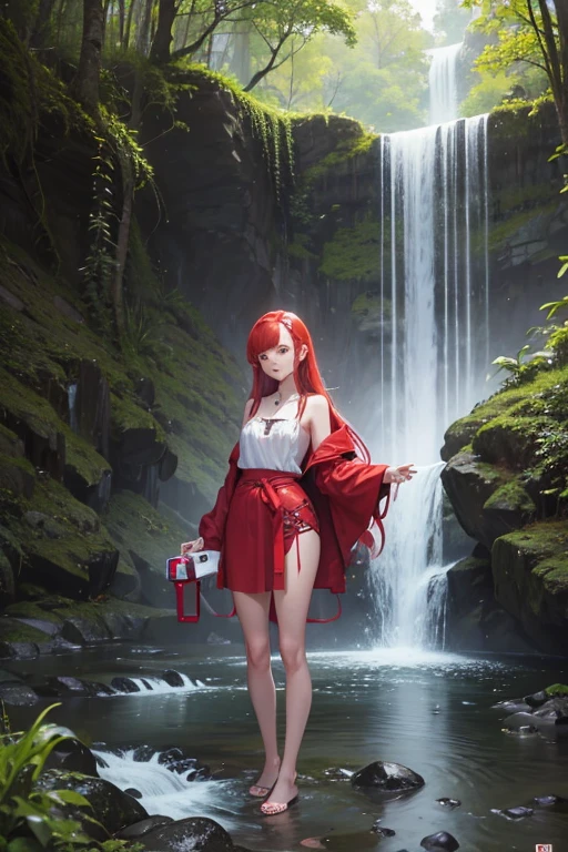 Pretty Young Redhead Woman Standing Surrounded by Streaming Waterfalls and Lush Ferns, elle rit joyeusement en humidifiant ses doigts pour discipliner ses ondulations rubicondes,  Prenez-la en photo avec un Fujifilm GFX 50S muni d'un objectif GF 110mm f/2 R LM WR, stylizing your approach with reference to Man Ray