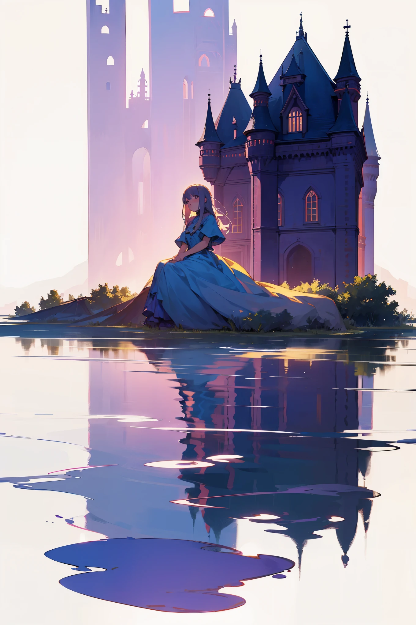 Abandoned castle facing the lake, Girl sitting on the water，Another boy emerged from the water，Reflecting the glorious years，The girl&#39;s reflection appears as a girl&#39;s lover，，Silhouette，Back，High contrast light，The lower part of the picture is a boy