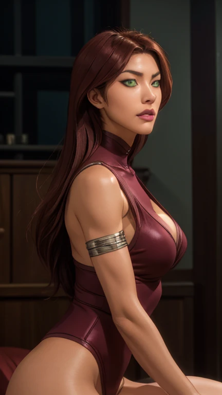 Masterpiece, Artgerm (Stanley Lau) style, gothic aesthetic, best quality, ultra realistic, 16k, crazy resolution, UHD, ultra-detailed, detailed eyes, detailed skin, detailed hair, detailed face, detailed fabric, detailed texture, ( 1 beautiful young woman, alone: 1.1),tall, Sakuragi Otome | Otome Dori, long red hair, gothic beauty, vibrant green eyes, tanned (yellow) skin, portrait, rocker clothes, High detail RAW color art, (detailed skin texture), (Muscle) detail, sharp focus, dramatic and photorealistic painting art of midjourney, natural breasts, (sideboob:1.2), jewelry, (realistic eyes), cowboy shot, V-shaped real eyes, ((hourglass shape)), hot naked, ( Blurred in vibrant cinematic light), atmosphere warm, Show all, ultra-detailed, fine details, nude, sexy waist, (proportional) big hips, thick thighs, tall, sexy, Natural Color Lip, face with expression of pleasure and tiredness, different sensual poses in different angles, dark room gothic with cinematic lights (blurred background)、20 years old、dream atmosphere 
