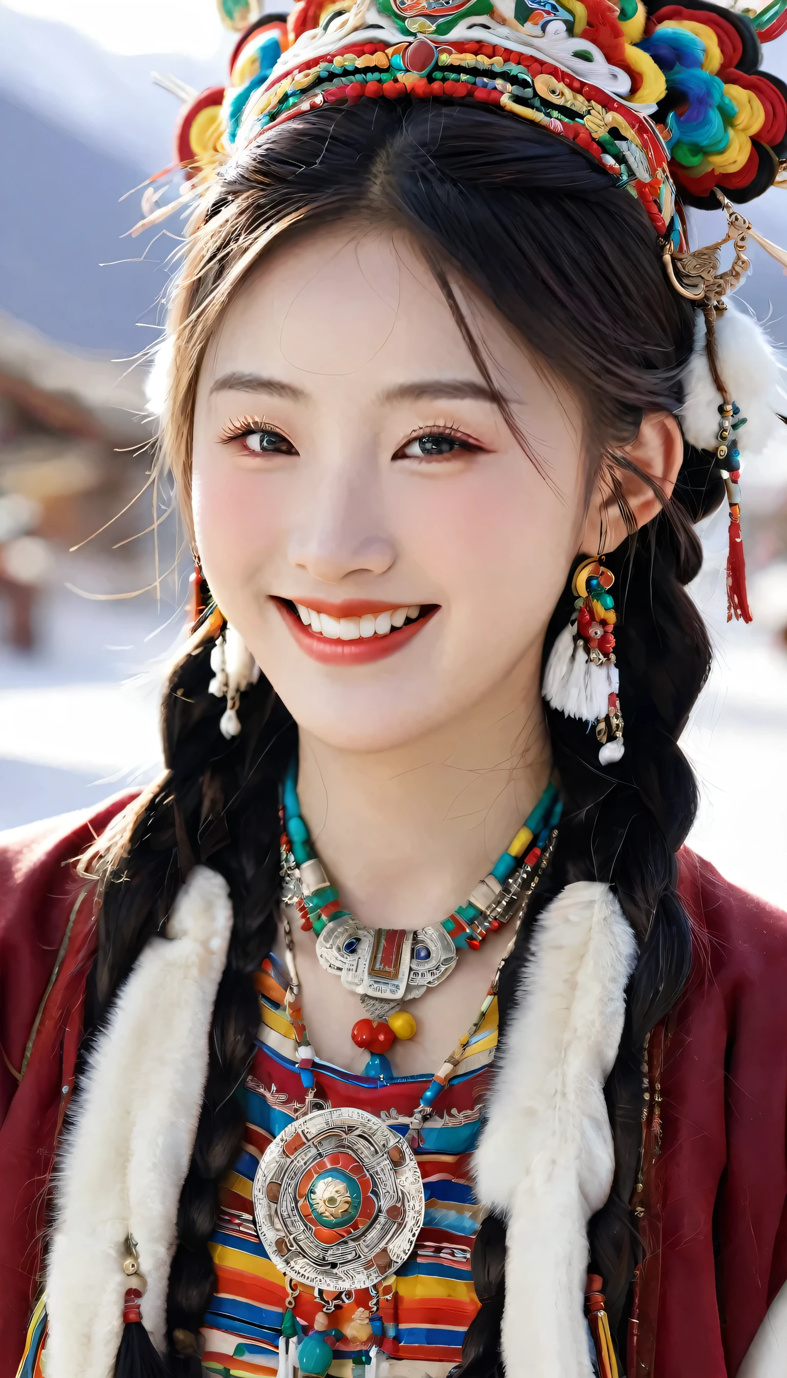 A girl, Long braids, Tibetan girl, close up, Raise your head slightly, Smile, Half-length photo, Upper Body, Appearance Yang Chaoyue, Gorgeous Tibetan costumes, Thick necklace, Cumbersome Tibetan headdress, Fluff on clothes, White Animal Flu, Live-action CG, Sweet style, style, HD 8K