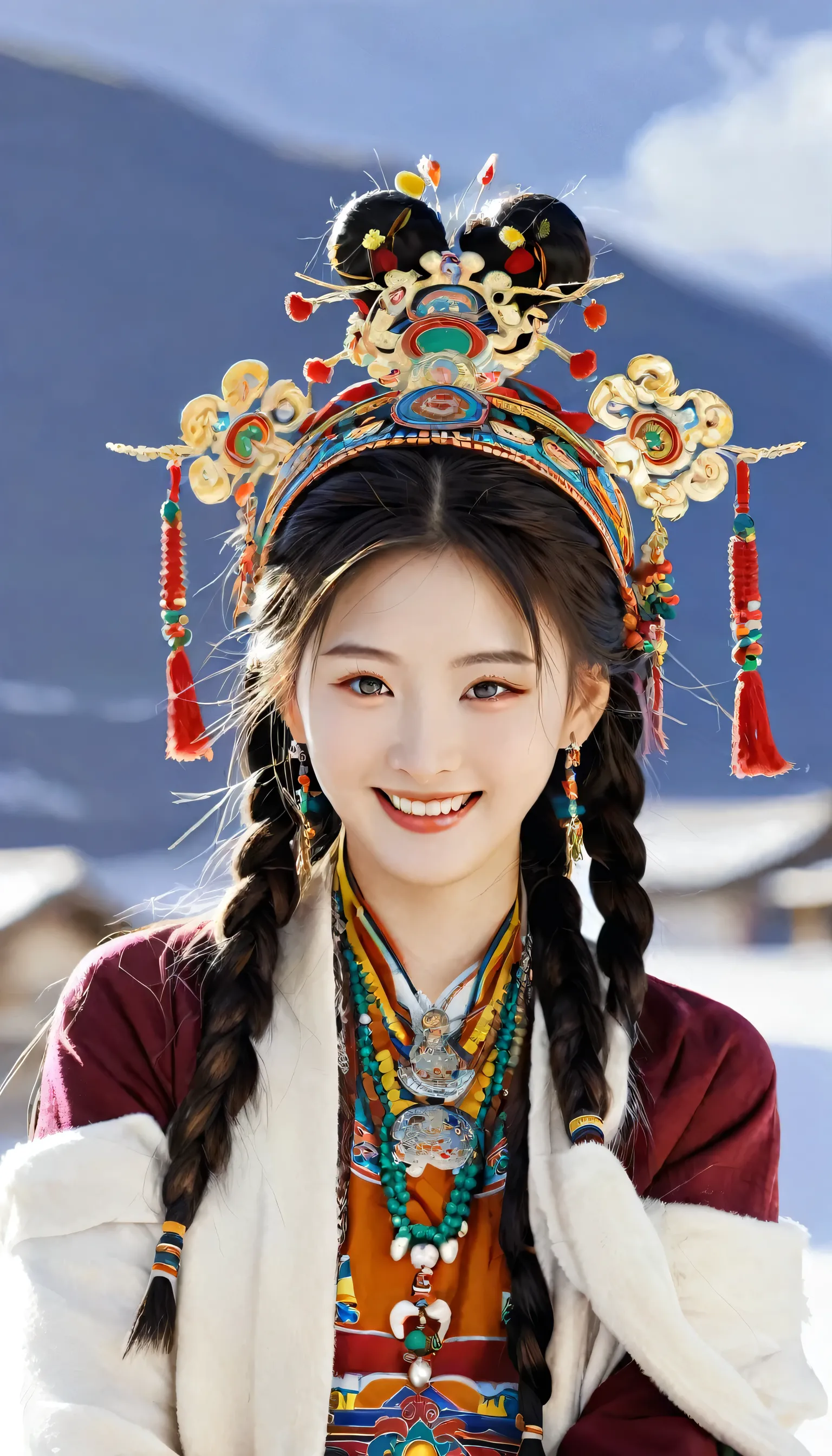 A girl, Long braids, Tibetan girl, close up, Raise your head slightly, Smile, Half-length photo, Upper Body, Appearance Yang Chaoyue, Gorgeous Tibetan costumes, Thick necklace, Cumbersome Tibetan headdress, Fluff on clothes, White Animal Flu, Live-action CG, Sweet style, style, HD 8K