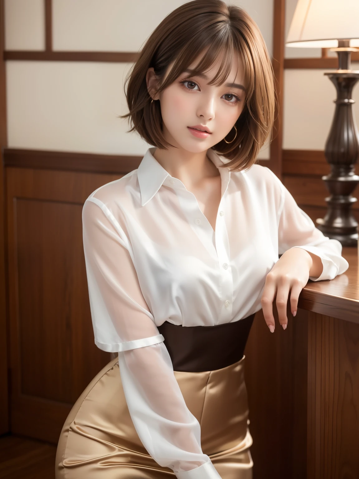 Ultra High Definition, Superior Quality, Premier Quality, ultra detailed, Photorealistic, 8k, RAW Photos, highest quality, masterpiece, Attractive Young girl, Angelic girl, Brown Hair, Short Hair, Mesh Hair, glossy lips, natural makeup, Japanese Idol, Sophisticated, Stylish, model posing, satin silk white shirt, 