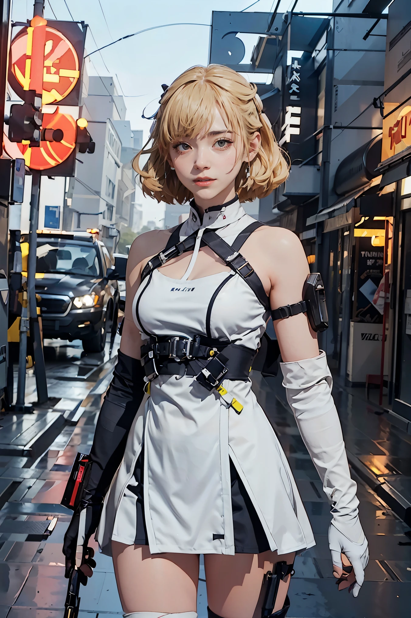 The alone young girl , short light blond hair , Vermilion eyes , standing , shotgun , sci-fi city , High detail mature face, combat suit, white glove, black boot, high res, ultra sharp, She stands confidently in the center of the posteghting a enemy like mechanic cyborg，a determined expression on her face。The background is dark and gritty，There is a sense of danger and a strong feeling。The text is bold and eye-catching，With catchy slogans，Adds to the overall drama and excitement。The color palette is dominated by dark colors，Dotted with bright colorake the poster dynamic and visually striking，(Magazines:1.3), (Cover-style:1.3), Fashion, vibrant, Outfit, posing on a, Front, rich colorful，Background with，element in，self-assured，Expressing the，halter，statement，Attachment，A majestic，coil，Runt，Touching pubic area，Scenes，text，Cover of a，boldness，attention-grabbing，titles，Fashion，typeface，，Best quality at best，Hyper-detailing，8K ，hyper HD