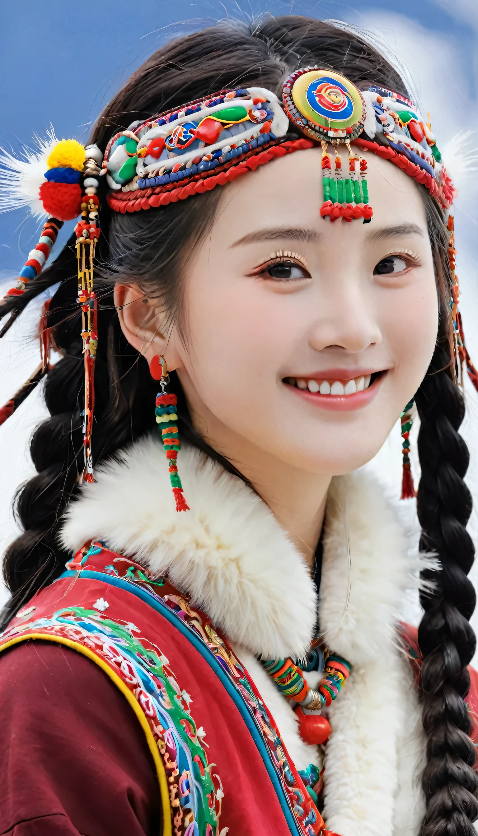 A girl, Long braids, Tibetan girl, close up, Raise your head slightly, Smile, Half-length photo, Upper Body, Appearance Yang Chaoyue, Gorgeous Tibetan costumes, Thick necklace, Cumbersome Tibetan headdress, Fluff on clothes, White Animal Flu, Live-action CG, Sweet style, style, HD 8K