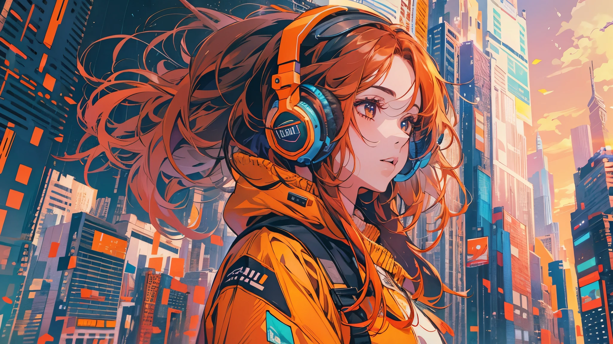 high resolution、One Girl、Wearing headphones、Vibrant colors、Vivid Color、Warm shades、Full body images、Futuristic City、Orange long hair、