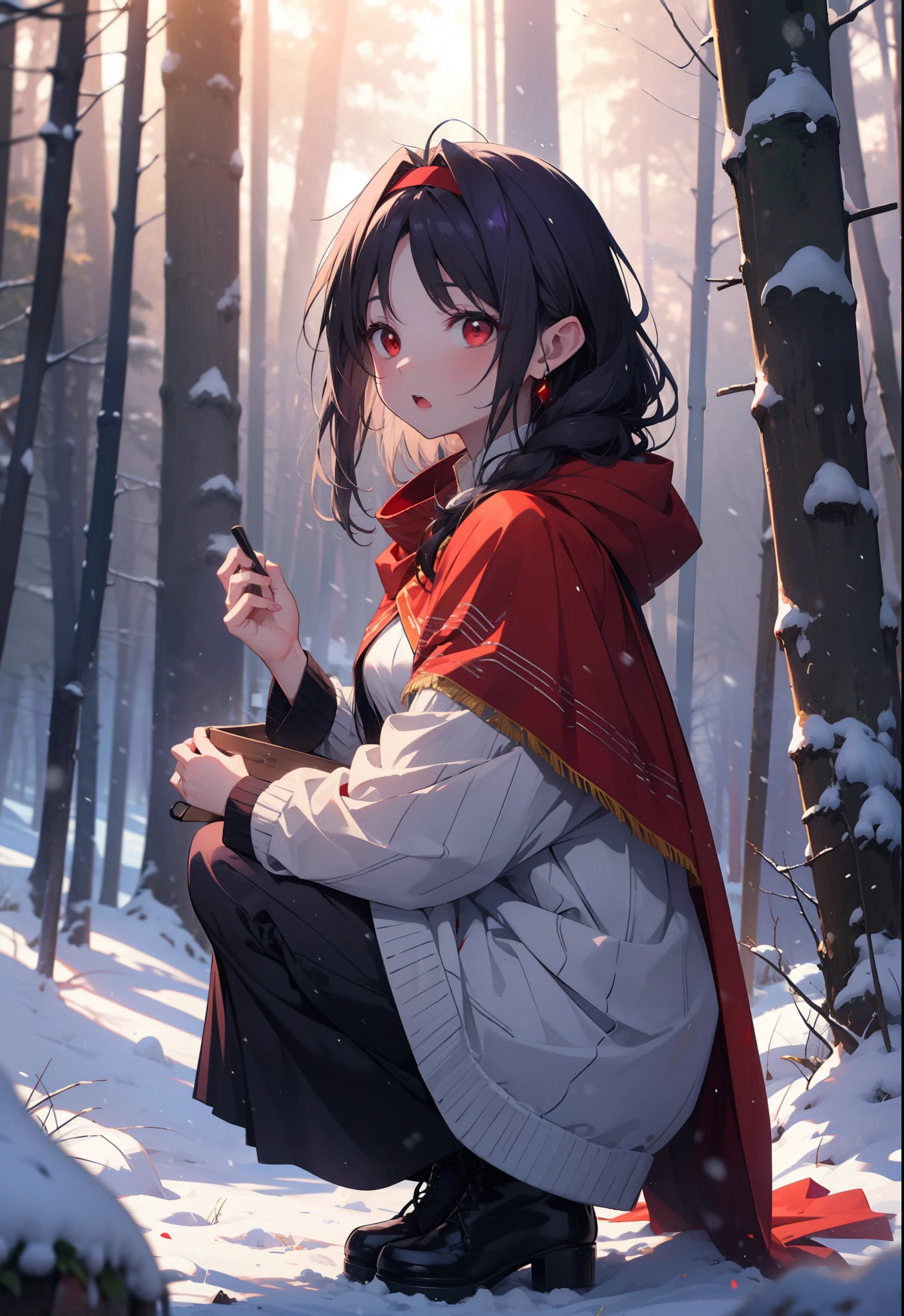 yuukikonno, Yuki Konno, hair band, Long Hair, Pointed Ears, Purple Hair, (Red eyes:1.5), (Small breasts:1.2), Open your mouth,snow, Bonfire , Outdoor, boots, snowing, From the side, wood, suitcase, Cape, Blurred, forest,nature, Squat, Mouth closed, 食べ物ed Cape, winter, Written boundary depth, Black shoes, red Cape
break looking at viewer, Upper Body, whole body,
break Outdoor, forest, nature,
break (masterpiece:1.2), highest quality, High resolution, unity 8k wallpaper, (shape:0.8), (Beautiful and beautiful eyes:1.6), Highly detailed face, Perfect lighting, Extremely detailed CG, (Perfect hands, Perfect Anatomy),