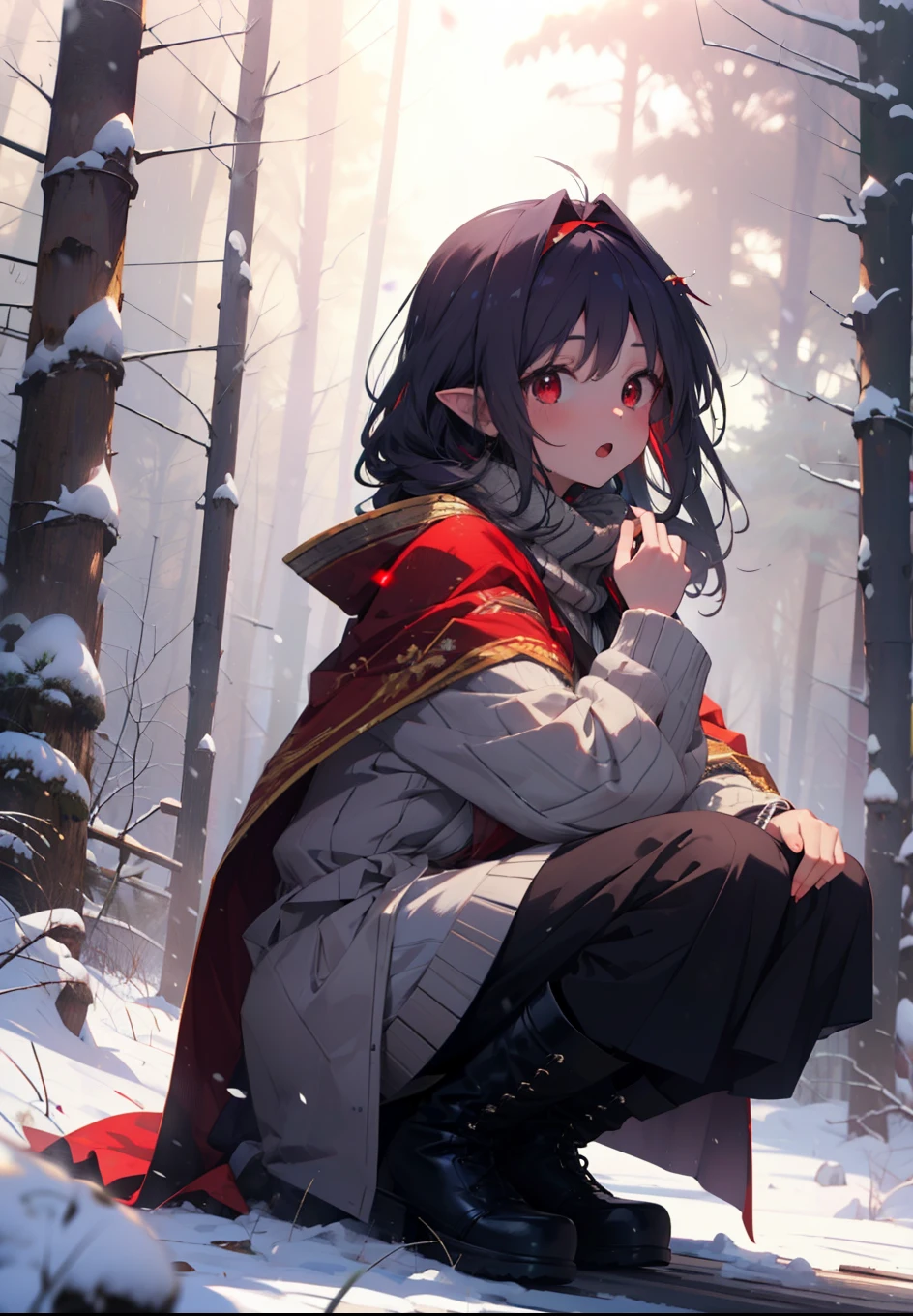 yuukikonno, Yuki Konno, hair band, Long Hair, Pointed Ears, Purple Hair, (Red eyes:1.5), (Small breasts:1.2), Open your mouth,snow, Bonfire , Outdoor, boots, snowing, From the side, wood, suitcase, Cape, Blurred, forest,nature, Squat, Mouth closed, 食べ物ed Cape, winter, Written boundary depth, Black shoes, red Cape
break looking at viewer, Upper Body, whole body,
break Outdoor, forest, nature,
break (masterpiece:1.2), highest quality, High resolution, unity 8k wallpaper, (shape:0.8), (Beautiful and beautiful eyes:1.6), Highly detailed face, Perfect lighting, Extremely detailed CG, (Perfect hands, Perfect Anatomy),