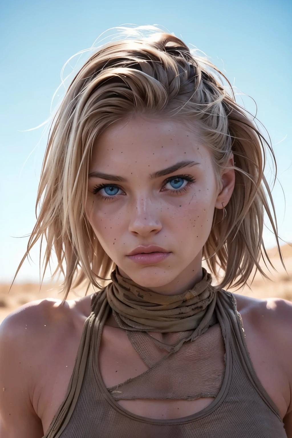 Create an image of a muscular, athletic woman wearing rags and old, dirty, torn clothes. She is a soldier in a war and desert environment. She has straight blonde hair and emo bangs, vibrant blue eyes, and flawless white skin. Despite being an experienced combatant, she is injured, sweaty and tired, but continues to fight with determination. Use bright sunlight and desert sand to create a realistic, desolate atmosphere. Experiment with different angles and perspectives to capture the essence of their bravery and resilience, and use a warm, earthy color palette to emphasize the dry, desert environment.