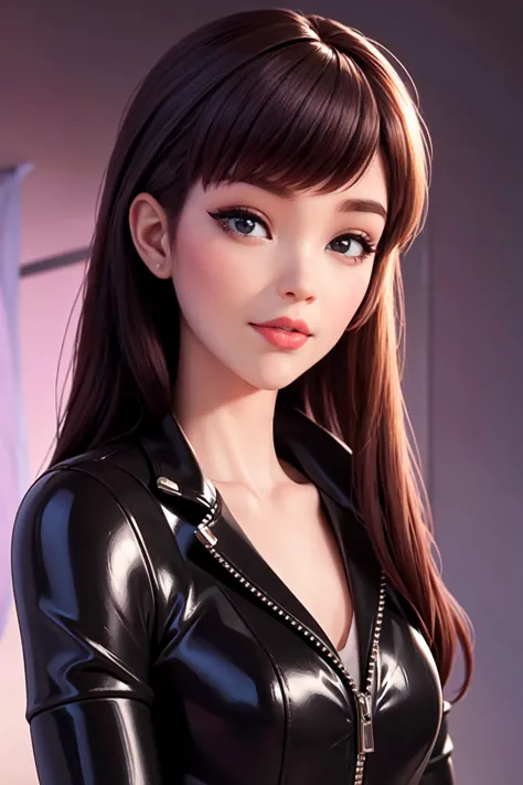 Beautiful 18 year old girl in latex patent leather, realistic graphics cute girl looking at viewer.