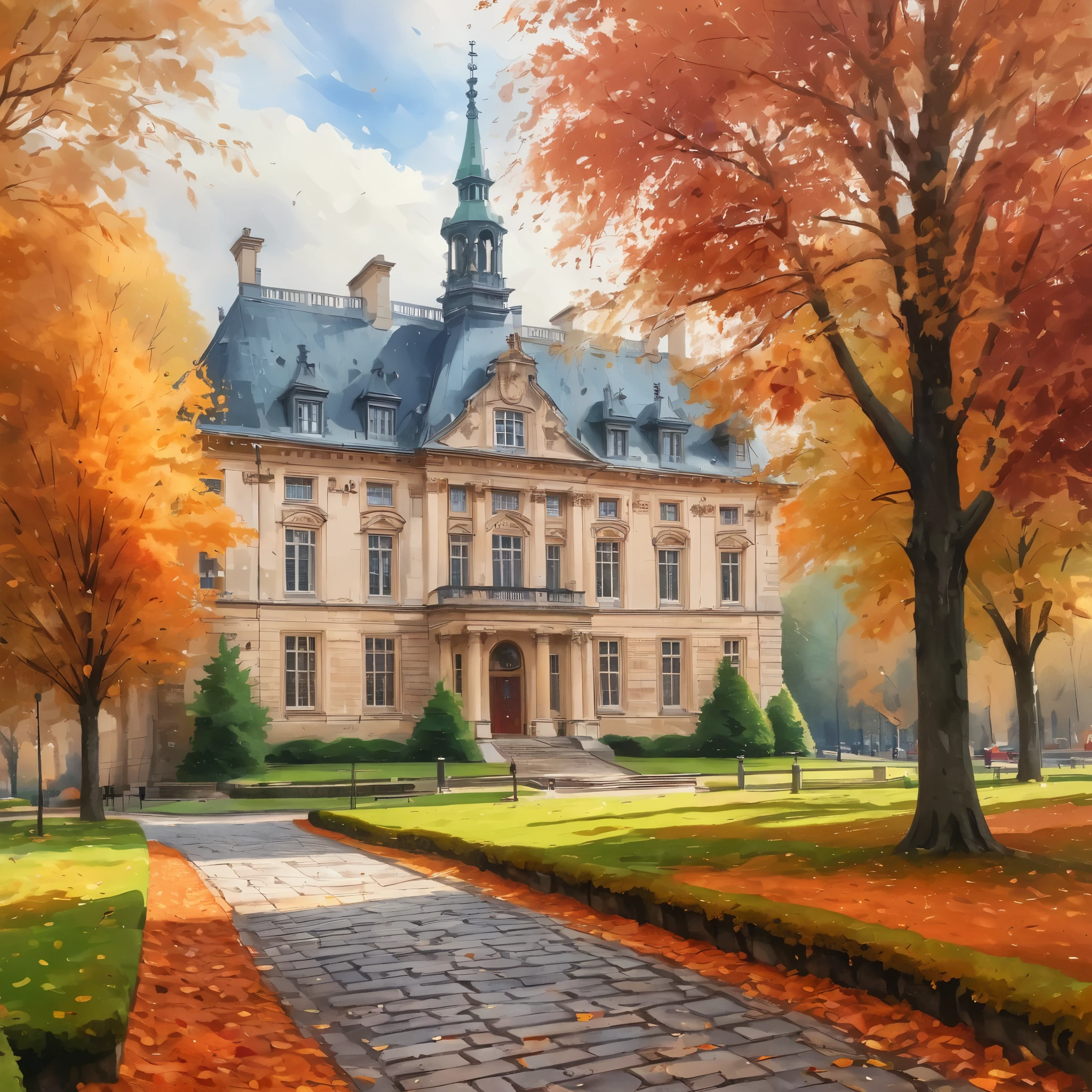 a painting of a building surrounded by trees, beautiful autumn spirit, stunning grand architecture, ultra nd, fancy library, zoomed out photography, stone pathways, fiery, octoberfest, breath taking, university, uniquely beautiful, color splashes, thisset colours