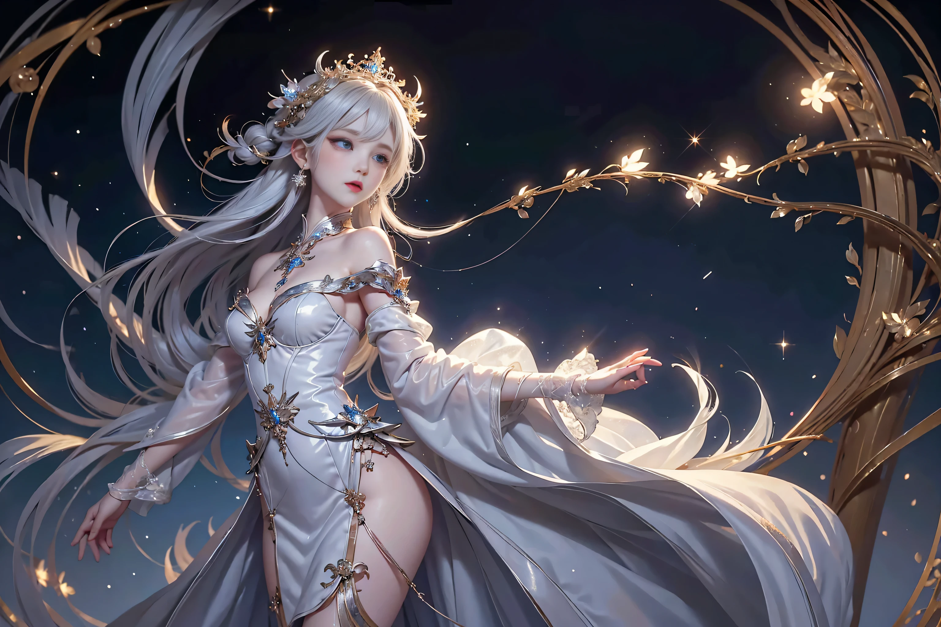 Night view,star,（White Haired Girl:1.5）,（（masterpiece））、（detailed：1.4）（close）、Top view、（Backlight）(A fantastic atmosphere、Ancient capital、Amazing beauty images,One Woman、white dust、Light and dance-like、Suspended particles), (Black Dress、Long dress with sleeves、Exposing shoulders、Off the shoulder)、（Gray hair that changes with light、length, Lustrous white hair、WHITE hair fluttering in the wind、Beautiful Bangs:1.3）、（Beautiful white and shining skin、Cheek gloss highlighter、Sexy and very beautiful and adorable face、The most beautiful face in the world、big, Sparkling blue eyes）、（Cute 25 year old girl、small beautiful breasts、Great cleavage and a tiny waist、Delicate shoulders、Perfect figure）Close-up image
