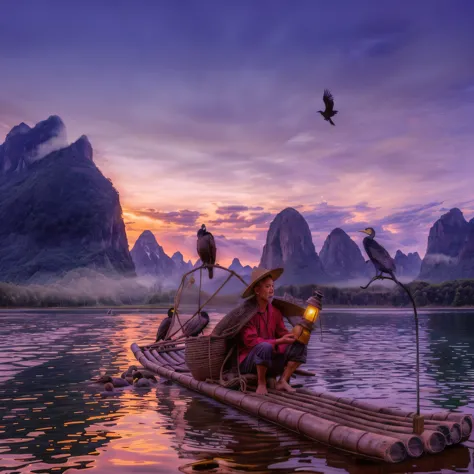 araffe boat with a man sitting on the front of it, fisherman, cinematic. by leng jun, chinese landscape, by Victor Wang, trendin...