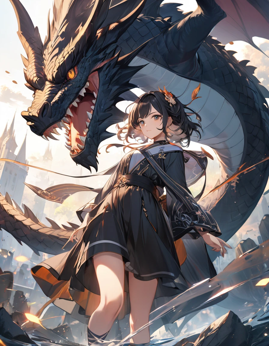 ((One black dragon with one cryptically girl)), ((No other subjects are depicted)), Detailed and mysterious, (The girl、Wearing an off-the-shoulder kimono、Holding a fine walking stick), ((The dragon is、He brings his handsome and brave face close to the girl&#39;s.、Protecting the girl with his whole body)), aesthetic, Traditional, Fantasy, BREAK Strict and mysterious expression, Engage your audience, Perfect dynamic composition and perspective, from above, SW cryptically girl, 