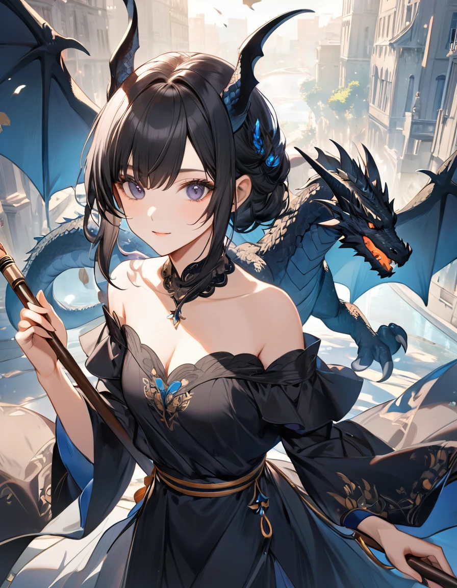 ((One black dragon with one cryptically girl)), ((No other subjects are depicted)), Detailed and mysterious, (The girl、Wearing an off-the-shoulder kimono、Holding a fine walking stick), ((The dragon is、He brings his handsome and brave face close to the girl&#39;s.、Protecting the girl with his whole body)), aesthetic, Traditional, Fantasy, BREAK Strict and mysterious expression, Engage your audience, Perfect dynamic composition and perspective, from above, SW cryptical girl, 