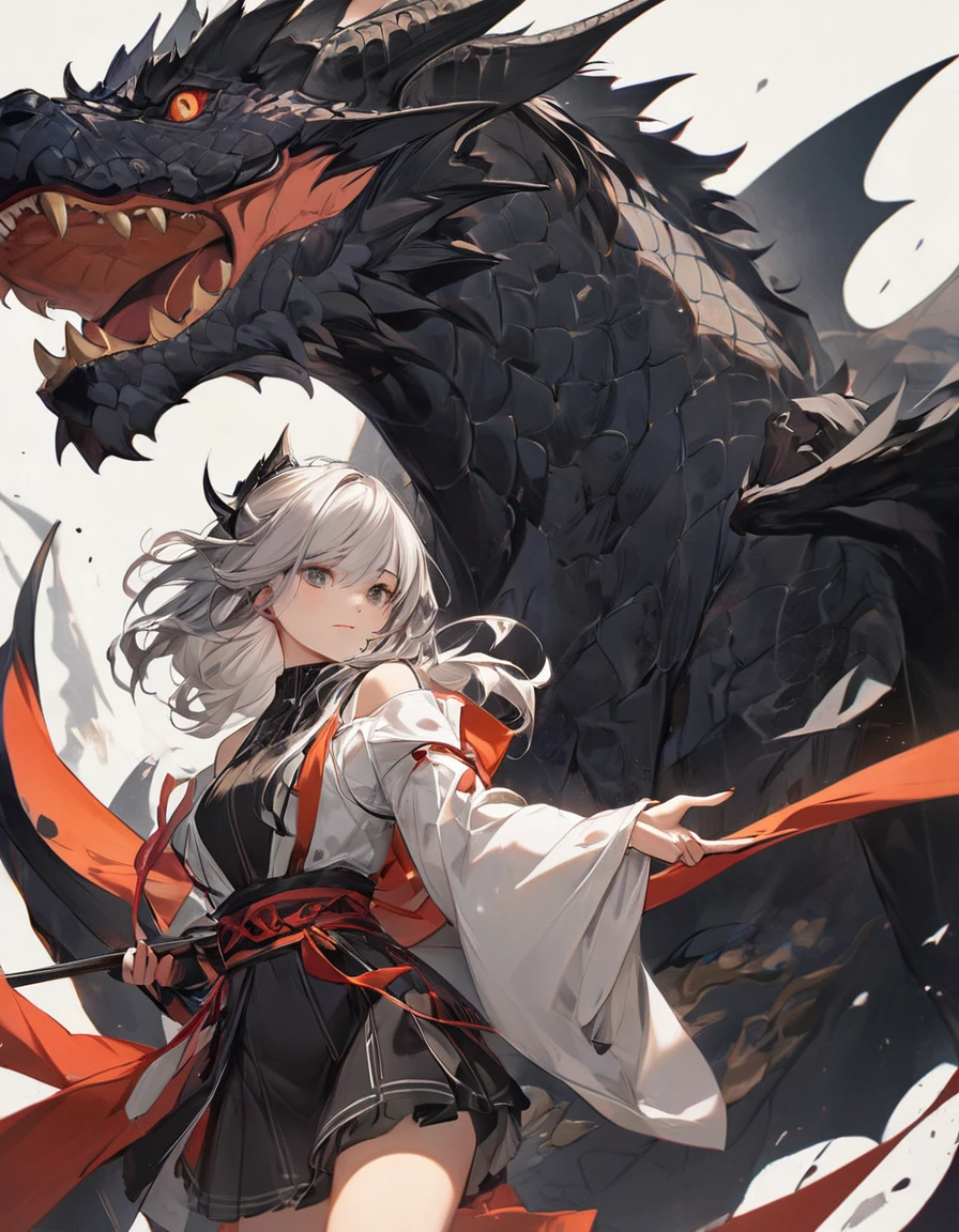 ((One black dragon with one cryptically girl)), ((No other subjects are depicted)), Detailed and mysterious, (The girl、Wearing an off-the-shoulder kimono、Holding a fine walking stick), ((The dragon is、He brings his handsome and brave face close to the girl&#39;s.、Protecting the girl with his whole body)), aesthetic, Traditional, Fantasy, BREAK Strict and mysterious expression, Engage your audience, Perfect dynamic composition and perspective, from above, SW cryptical girl, 