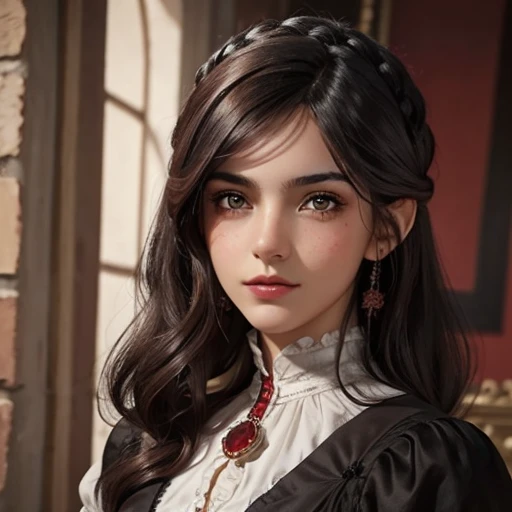 молодая женщина, красные волосы, Темно коричневые глаза, овальное лицо, веснушки на щеках и носу, короткие волосы с челкой, Викторианский век 