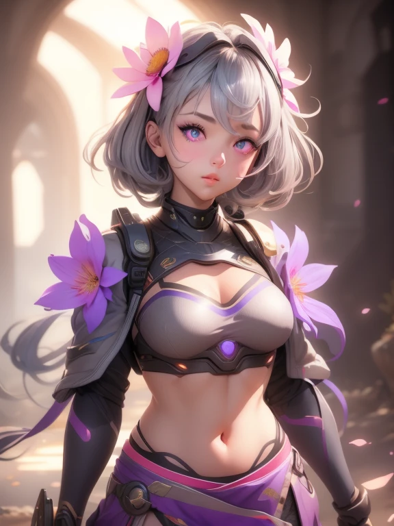 Realistic, One girl, Gray Hair, Purple eyes, Glowing Eyes, Crop top, skirt, Lips parted, blush, Flowers, sun, sunlight,