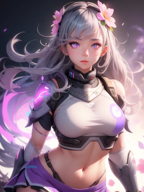 realistic, one girl, gray hair, purple eyes, glowing eyes, crop top, skirt, lips parted, blush, flowers, sun, sunlight,