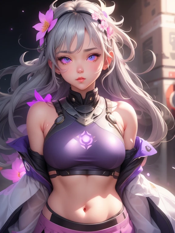 Realistic, One girl, Gray Hair, Purple eyes, Glowing Eyes, Crop top, skirt, Lips parted, blush, Flowers, sun, sunlight,