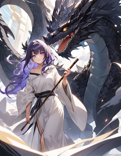 ((one black dragon with one cryptically girl)), ((no other subjects are depicted)), detailed and mysterious, (the girl、wearing a...