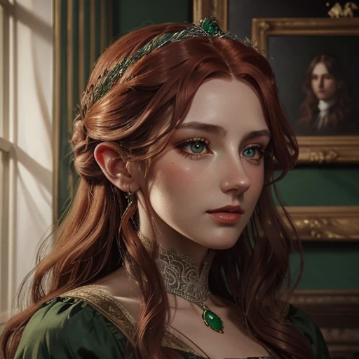a woman with long red wavy hair, emerald green eyes, defined facial features, full lips, long eyelashes, victorian era, detailed portrait, intricate lace dress, oil painting, warm color palette, chiaroscuro lighting, photorealistic, highly detailed, award winning
