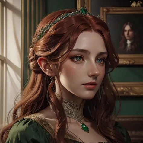 a woman with long red wavy hair, emerald green eyes, defined facial features, full lips, long eyelashes, victorian era, detailed...