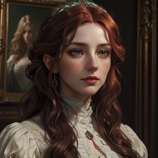 a woman with long red wavy hair, emerald green eyes, defined facial features, full lips, long eyelashes, victorian era, detailed portrait, intricate lace dress, oil painting, warm color palette, chiaroscuro lighting, photorealistic, highly detailed, award winning