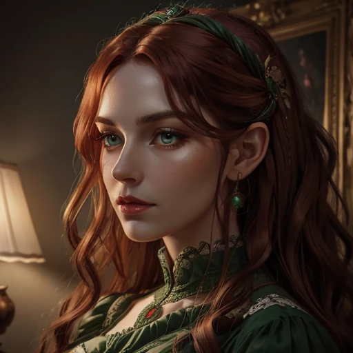 a woman with long red wavy hair, emerald green eyes, defined facial features, full lips, long eyelashes, victorian era, detailed portrait, intricate lace dress, oil painting, warm color palette, chiaroscuro lighting, photorealistic, highly detailed, award winning, evil face 