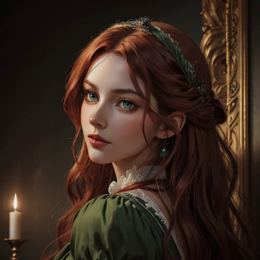 a woman with long red wavy hair, emerald green eyes, defined facial features, full lips, long eyelashes, victorian era, detailed portrait, intricate lace dress, oil painting, warm color palette, chiaroscuro lighting, photorealistic, highly detailed, award winning, evil face 