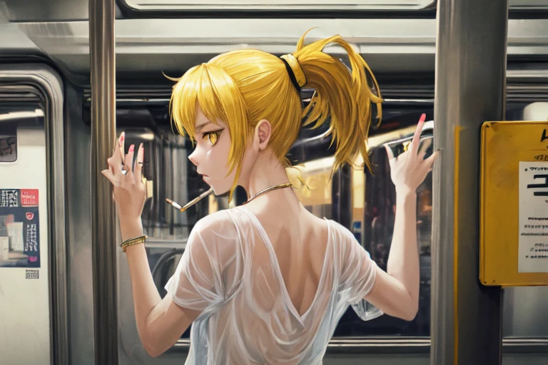 masterpiece, highest quality, One girl, cigarette, Take the train,
Breaking Yellow High Ponytail Breaking Yellow Eyes
 