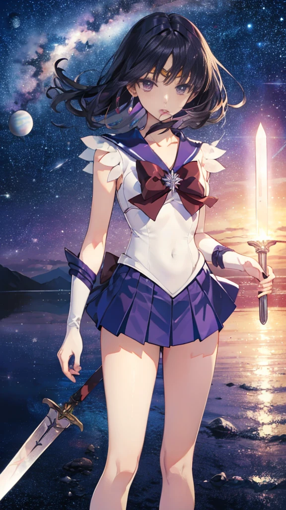 Sailor Saturn, purple Sailor collar, Sailor collar, Sailor Warrior Uniform, Gold tiara on forehead, Tomoe Hotaru, space, silence_sword,, (masterpiece:1.2), (Highest_quality:1.2), (Ultra_detailed:1.3), 8k, very_clear,